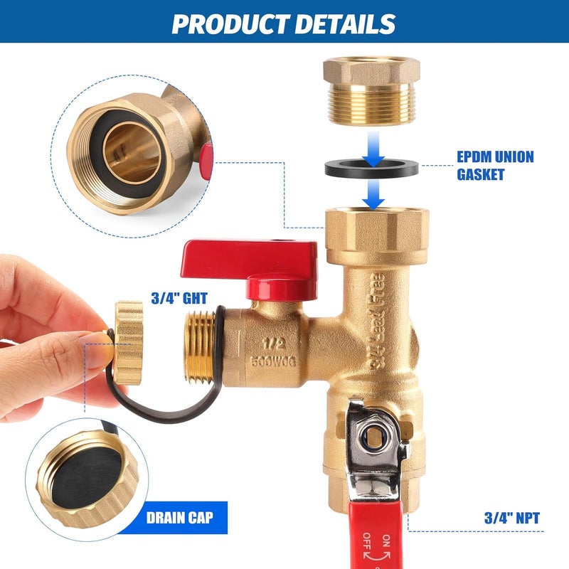 FIDISP 8Pcs 3/4 Inch IPS Isolator Tankless Water Heater Valve Kit with 2Pcs 3/4" NPT to 1/2" FNPT and 2Pcs Brass Pipe Fitting, Tankless Water Heater Flushing Kit with Pressure Relief Valve, Clean Brass - Image 3
